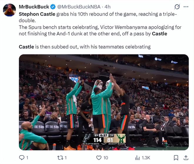马刺大胜雄鹿卡斯尔砍三双创队史最快纪录